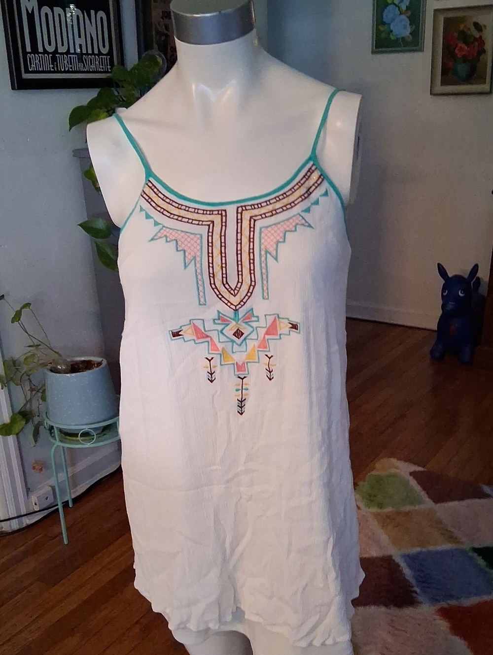 Flying Tomato White Embroidered Spaghetti Strap Tunic with Teal Trim